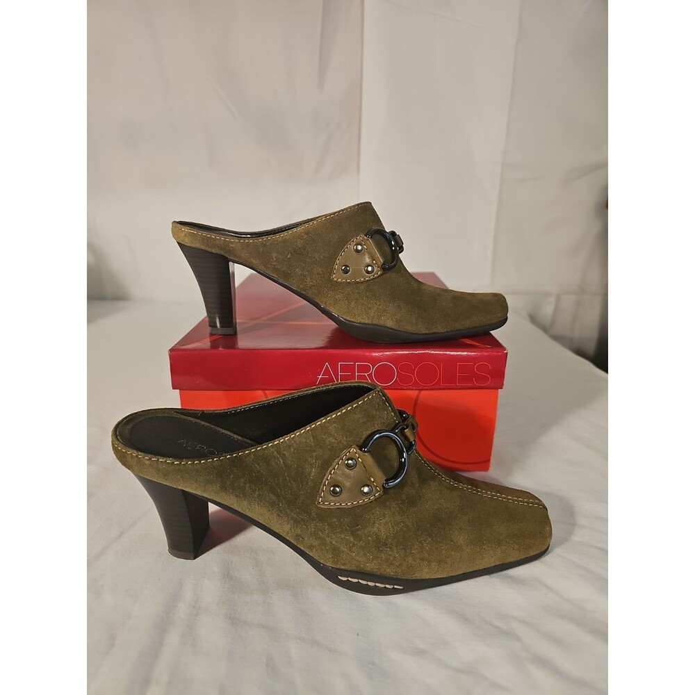 Aerosoles army Green Suede Horse bit buckle Mules Clogs Heels 8m